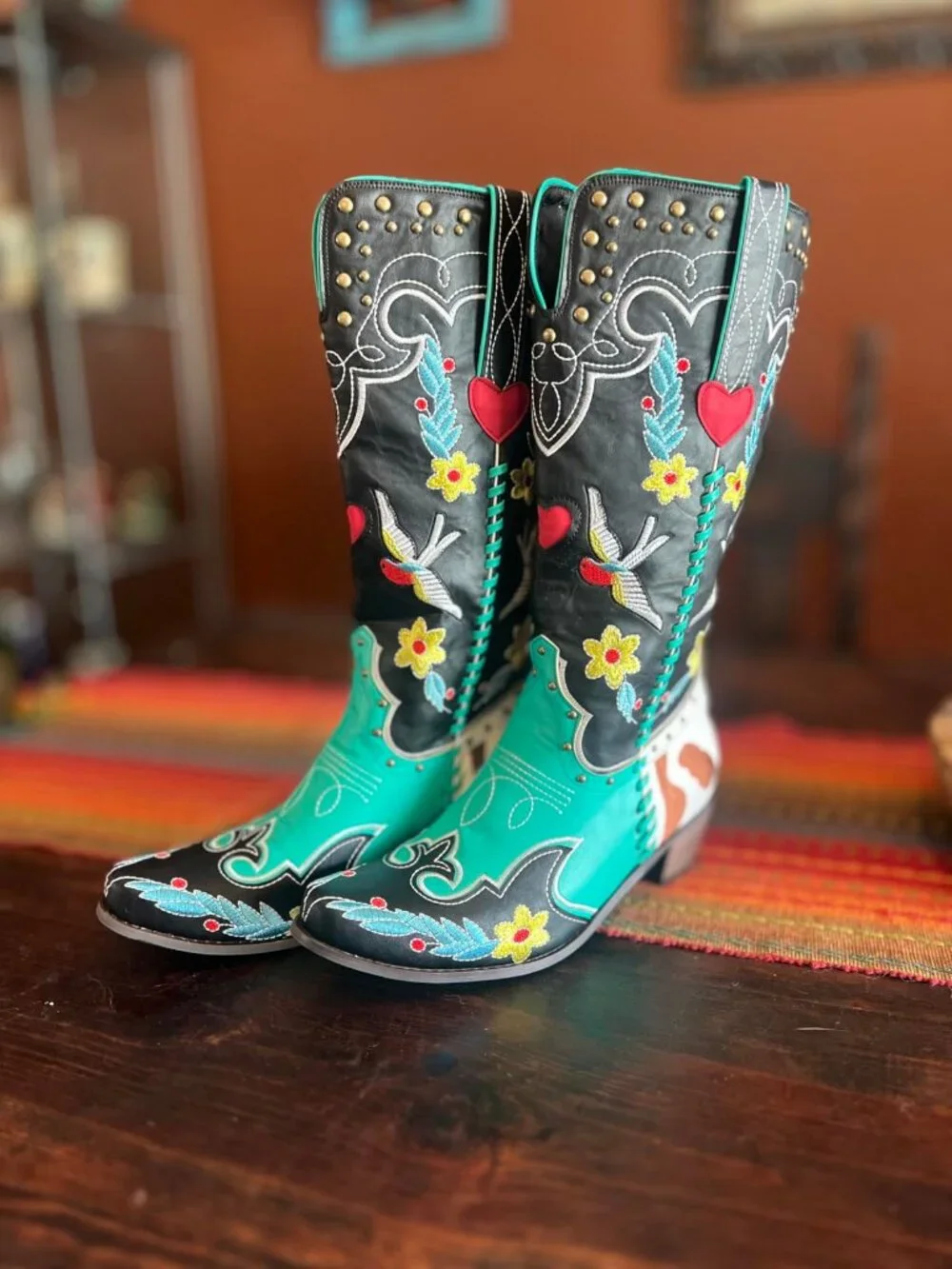 Women's Blue Faux Leather Pull On Wide Calf Western Cowgirl Knee High Boots